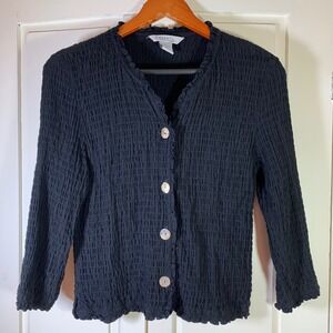 Cottagecore Ruffle Crinkle Button Top Black Boho‎ Minimalist Rayon M Fresco